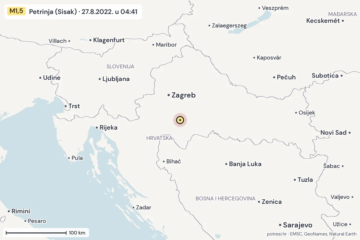 Karta: šire područje, 600 km, potres M1,5, Petrinja (Sisak), 27.8.2022.