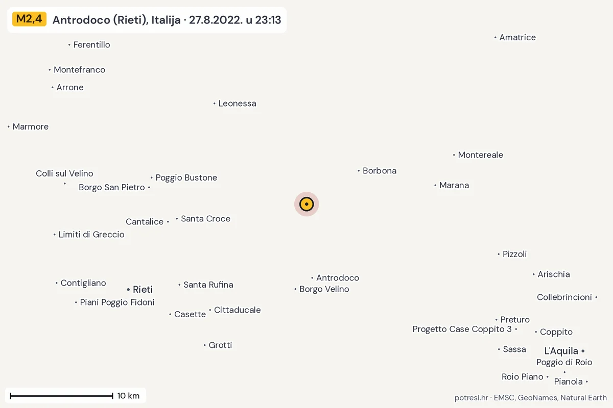 Karta: okolica epicentra, 60 km, potres M2,4, Antrodoco (Rieti), Italija, 27.8.2022.
