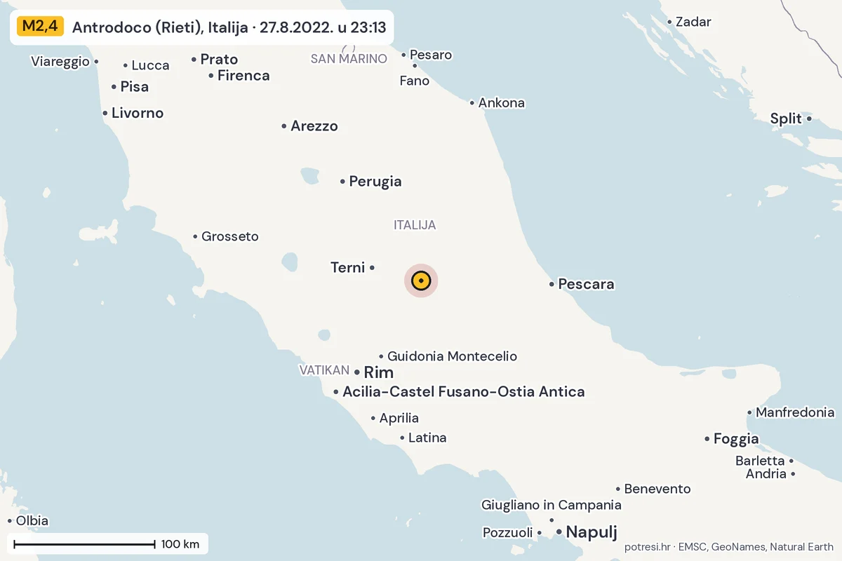 Karta: šire područje, 600 km, potres M2,4, Antrodoco (Rieti), Italija, 27.8.2022.