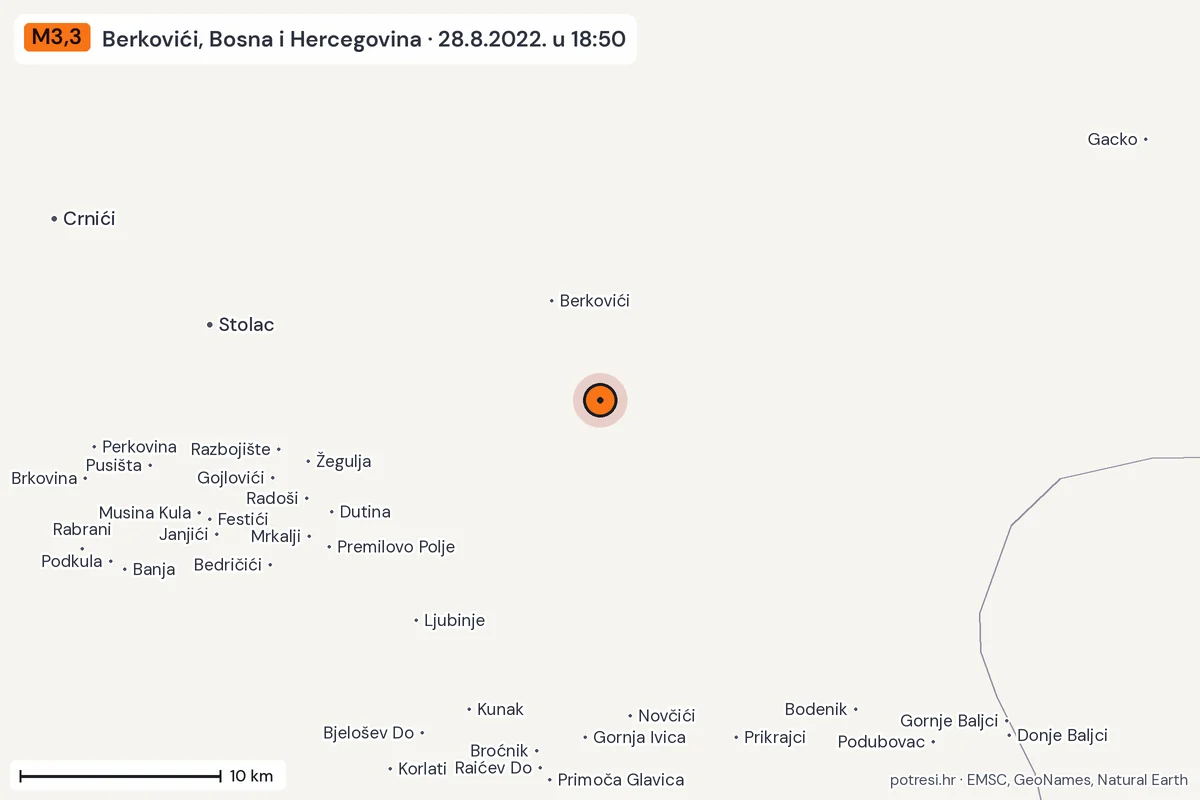 Karta: okolica epicentra, 60 km, potres M3,3, Berkovići, Bosna i Hercegovina, 28.8.2022.