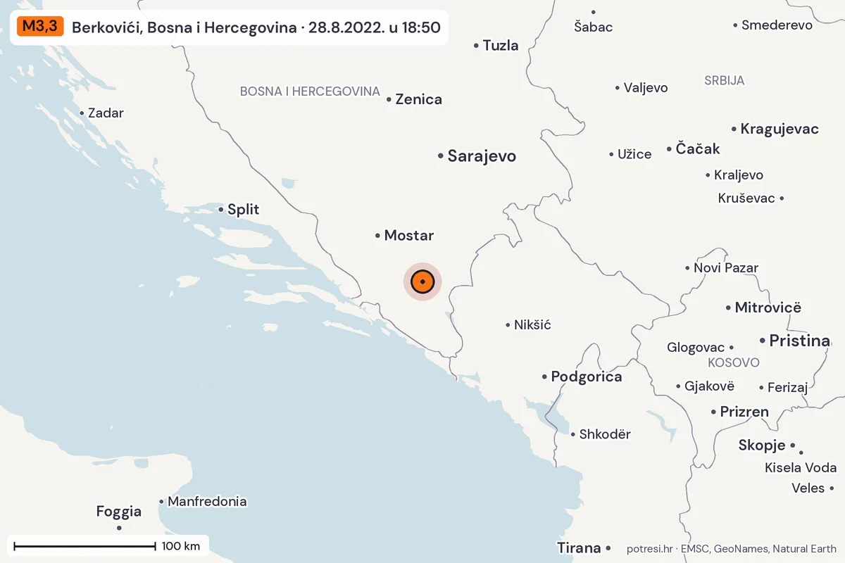 Karta: šire područje, 600 km, potres M3,3, Berkovići, Bosna i Hercegovina, 28.8.2022.
