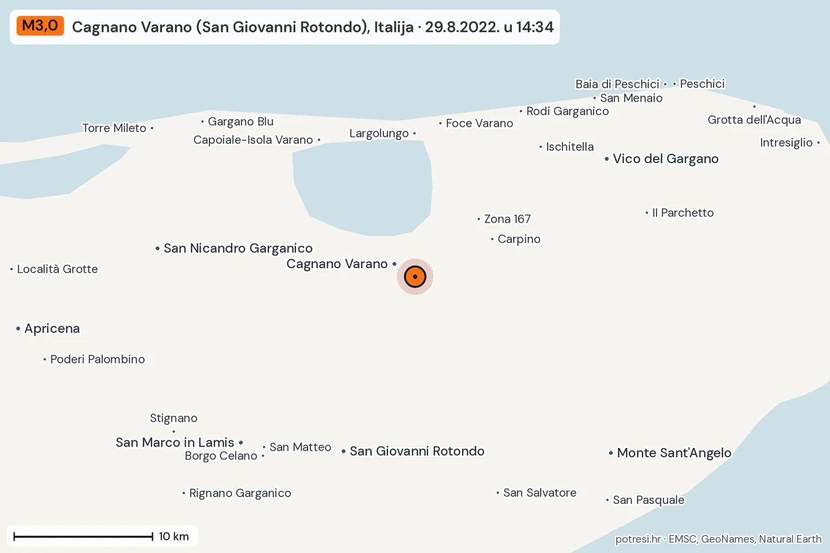 Karta: okolica epicentra, 60 km, potres M3,0, Cagnano Varano (San Giovanni Rotondo), Italija, 29.8.2022.
