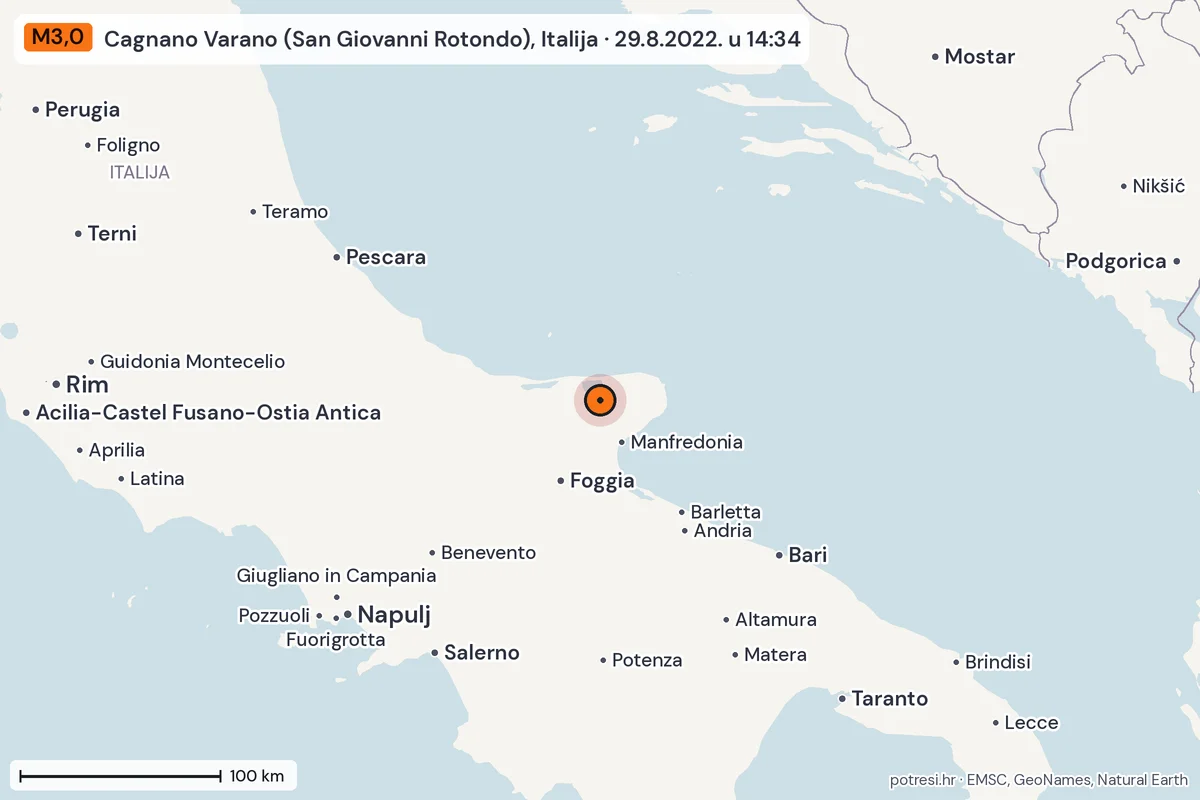 Karta: šire područje, 600 km, potres M3,0, Cagnano Varano (San Giovanni Rotondo), Italija, 29.8.2022.