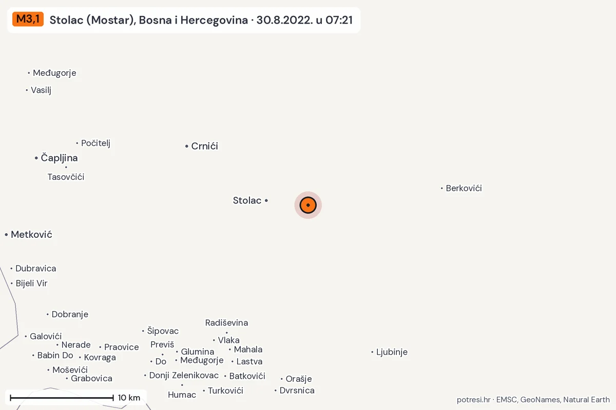 Karta: okolica epicentra, 60 km, potres M3,1, Stolac (Mostar), Bosna i Hercegovina, 30.8.2022.