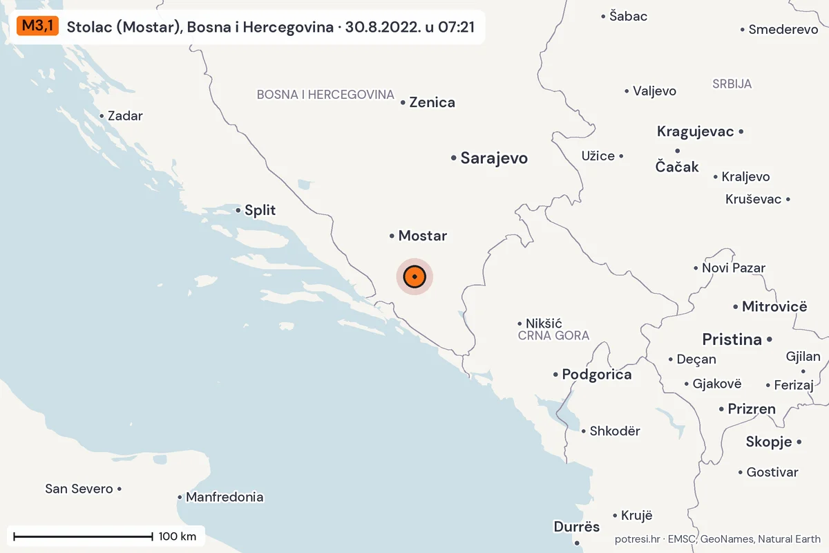 Karta: šire područje, 600 km, potres M3,1, Stolac (Mostar), Bosna i Hercegovina, 30.8.2022.