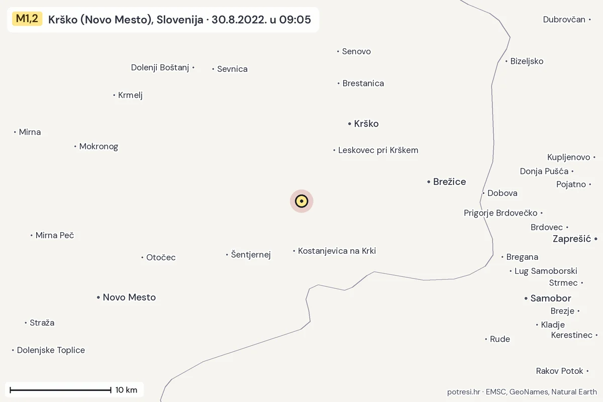 Karta: okolica epicentra, 60 km, potres M1,2, Krško (Novo Mesto), Slovenija, 30.8.2022.