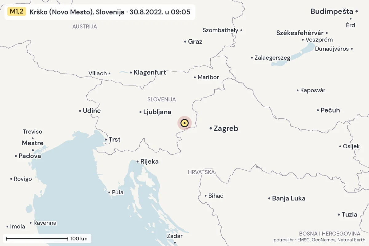 Karta: šire područje, 600 km, potres M1,2, Krško (Novo Mesto), Slovenija, 30.8.2022.