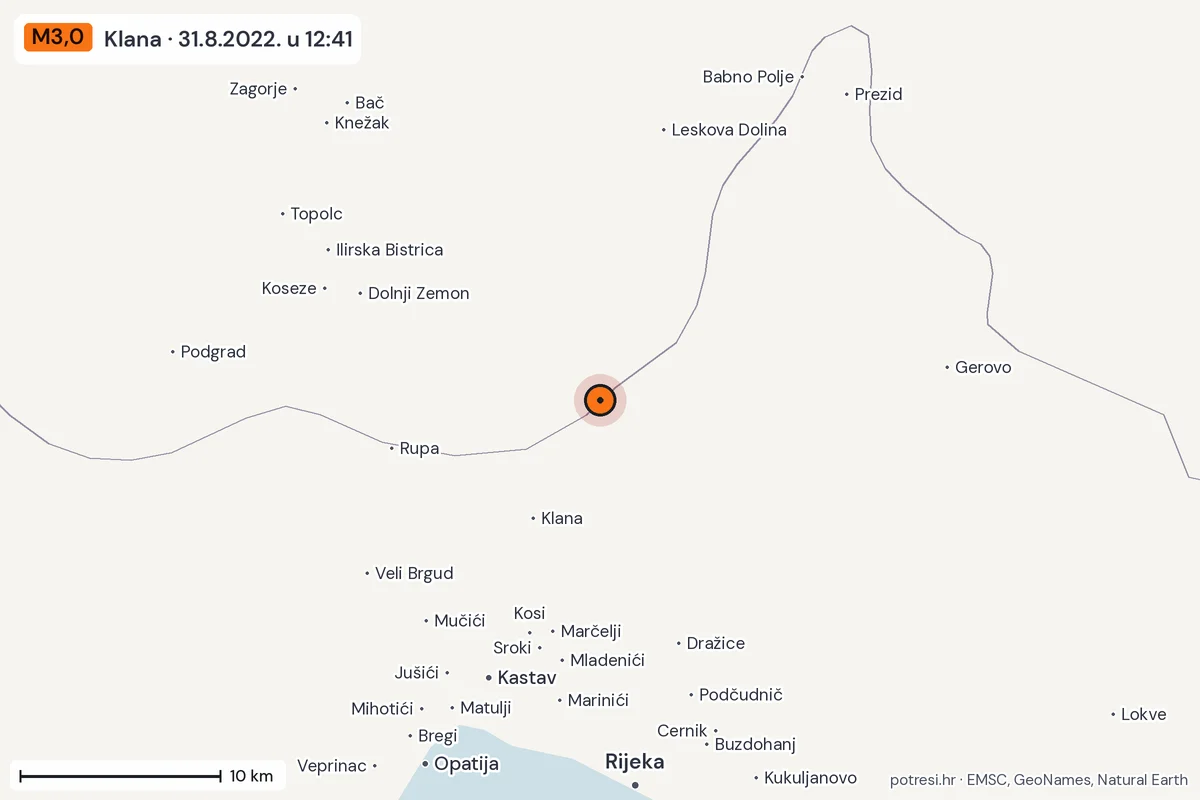 Karta: okolica epicentra, 60 km, potres M3,0, Klana, 31.8.2022.