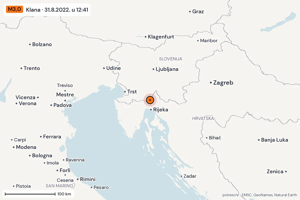 Karta: šire područje, 600 km, potres M3,0, Klana, 31.8.2022.