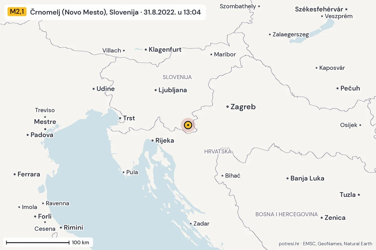 Karta: šire područje, 600 km, potres M2,1, Črnomelj (Novo Mesto), Slovenija, 31.8.2022.
