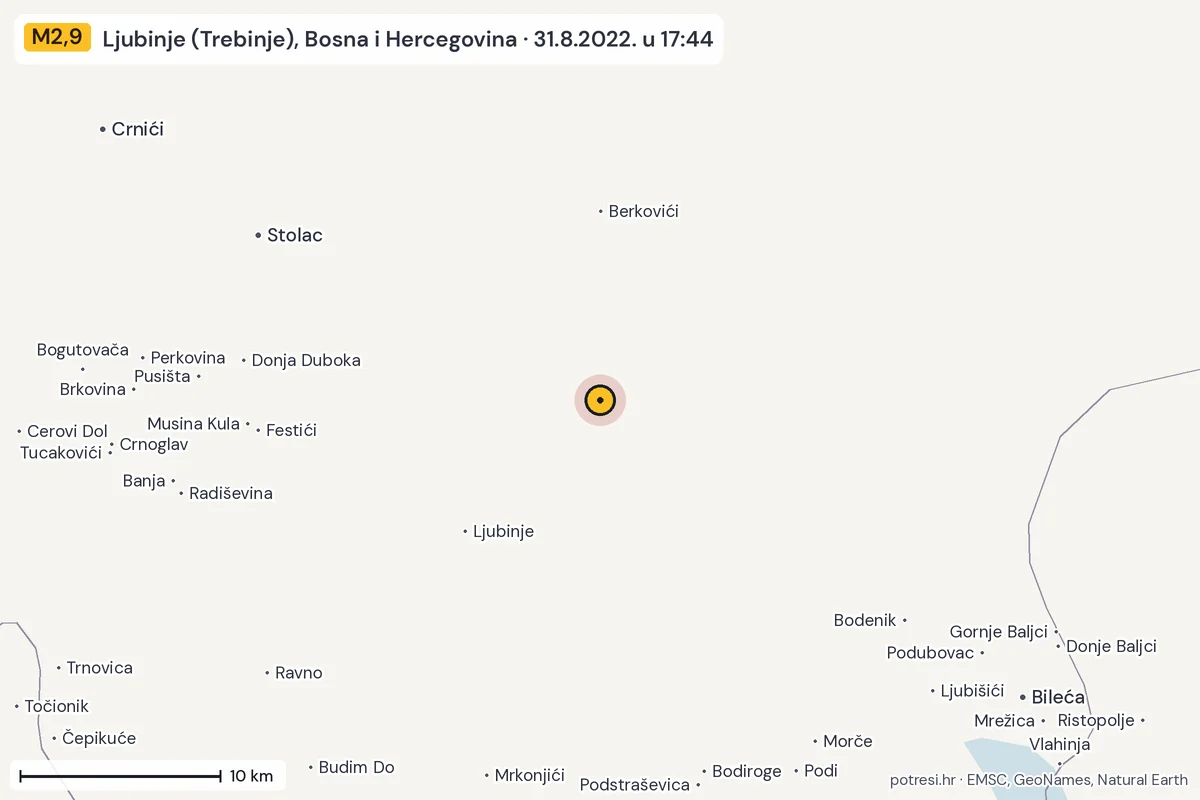 Karta: okolica epicentra, 60 km, potres M2,9, Ljubinje (Trebinje), Bosna i Hercegovina, 31.8.2022.