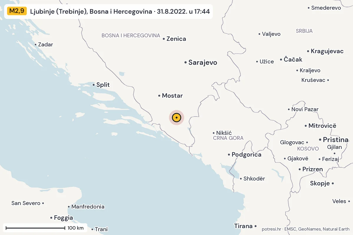 Karta: šire područje, 600 km, potres M2,9, Ljubinje (Trebinje), Bosna i Hercegovina, 31.8.2022.