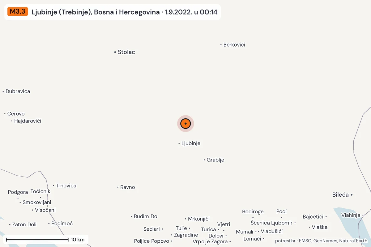 Karta: okolica epicentra, 60 km, potres M3,3, Ljubinje (Trebinje), Bosna i Hercegovina, 1.9.2022.