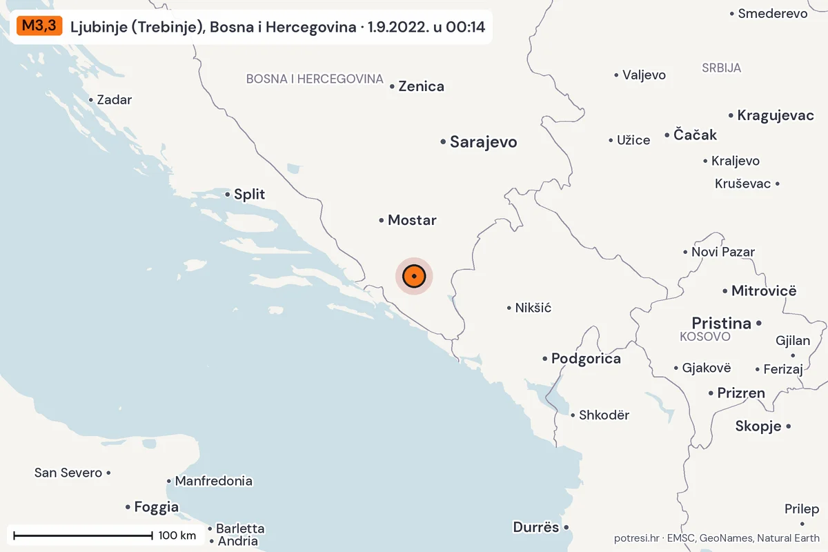 Karta: šire područje, 600 km, potres M3,3, Ljubinje (Trebinje), Bosna i Hercegovina, 1.9.2022.