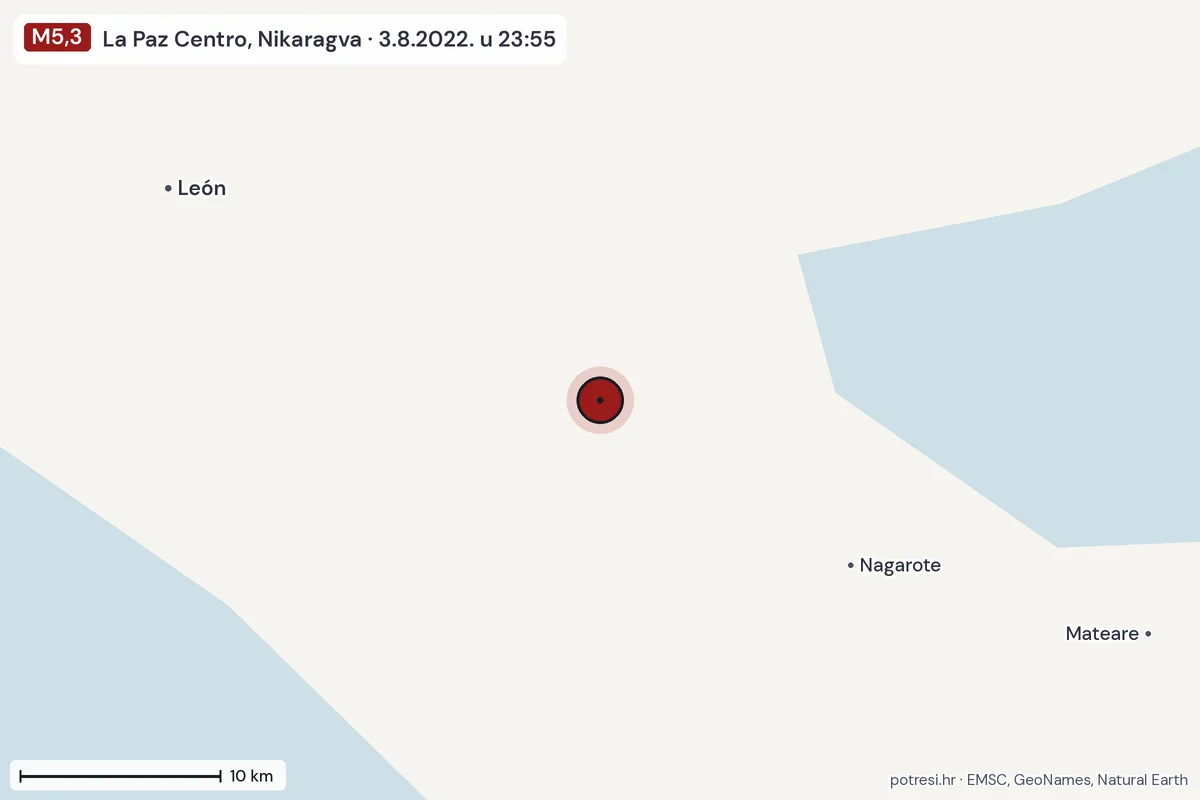 Karta: okolica epicentra, 60 km, potres M5,3, La Paz Centro, Nikaragva, 3.8.2022.