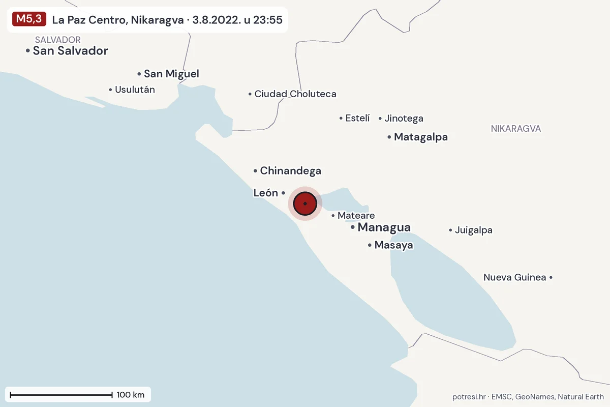 Karta: šire područje, 600 km, potres M5,3, La Paz Centro, Nikaragva, 3.8.2022.