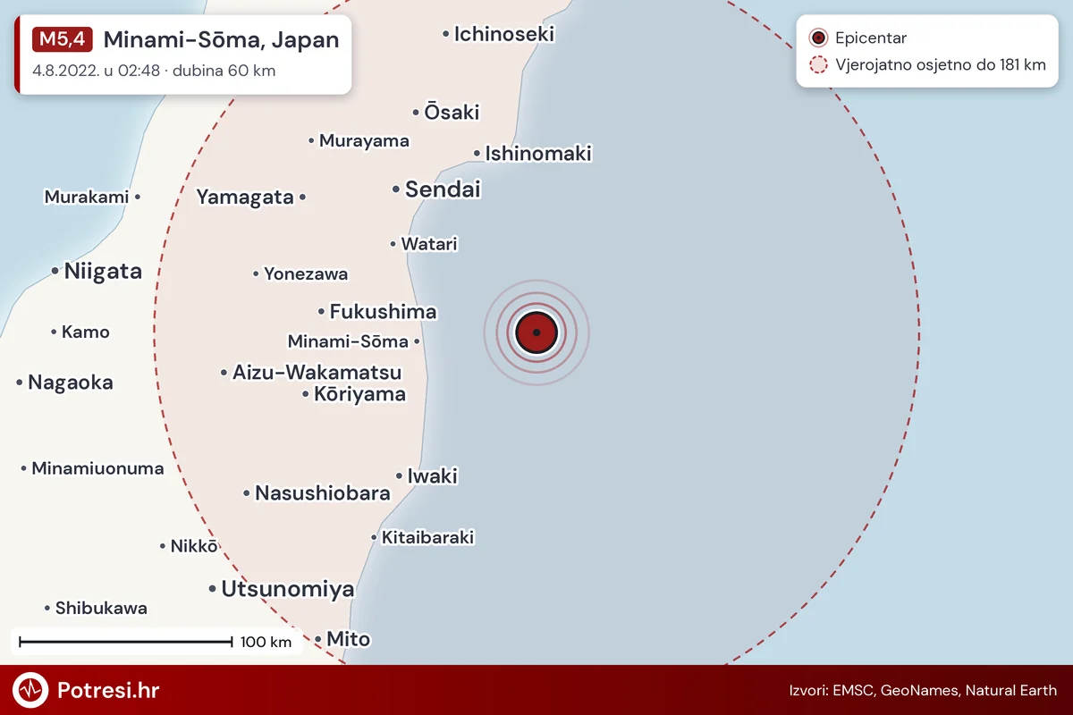 Karta: šire područje i vjerojatni doseg osjeta, potres M5,4, Minami-Sōma, Japan, 4.8.2022.