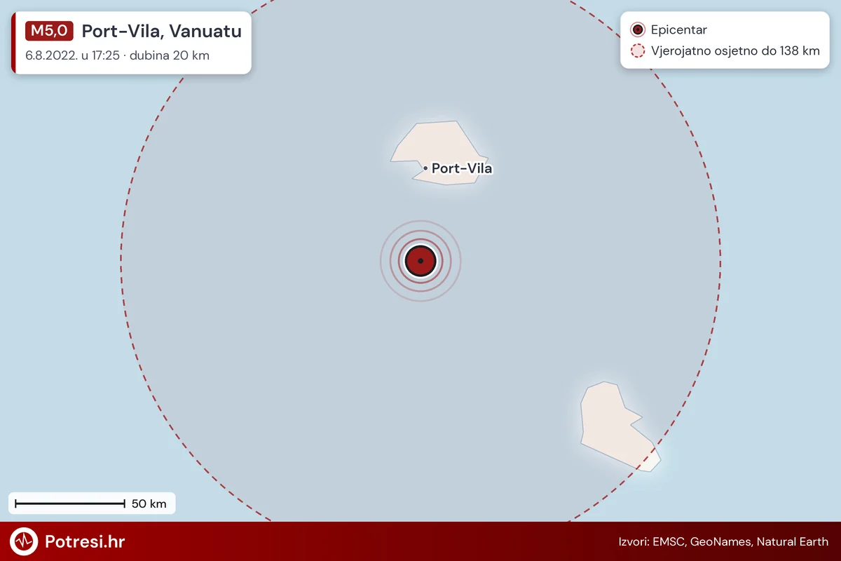 Karta: šire područje i vjerojatni doseg osjeta, potres M5,0, Port-Vila, Vanuatu, 6.8.2022.