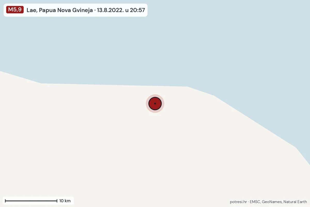 Karta: okolica epicentra, 60 km, potres M5,9, Lae, Papua Nova Gvineja, 13.8.2022.