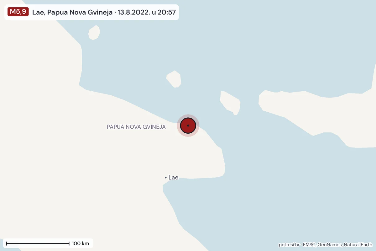 Karta: šire područje, 600 km, potres M5,9, Lae, Papua Nova Gvineja, 13.8.2022.