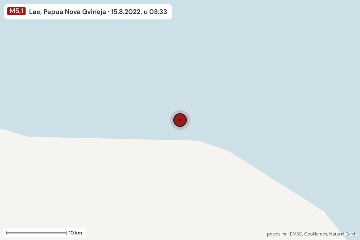 Karta: okolica epicentra, 60 km, potres M5,1, Lae, Papua Nova Gvineja, 15.8.2022.