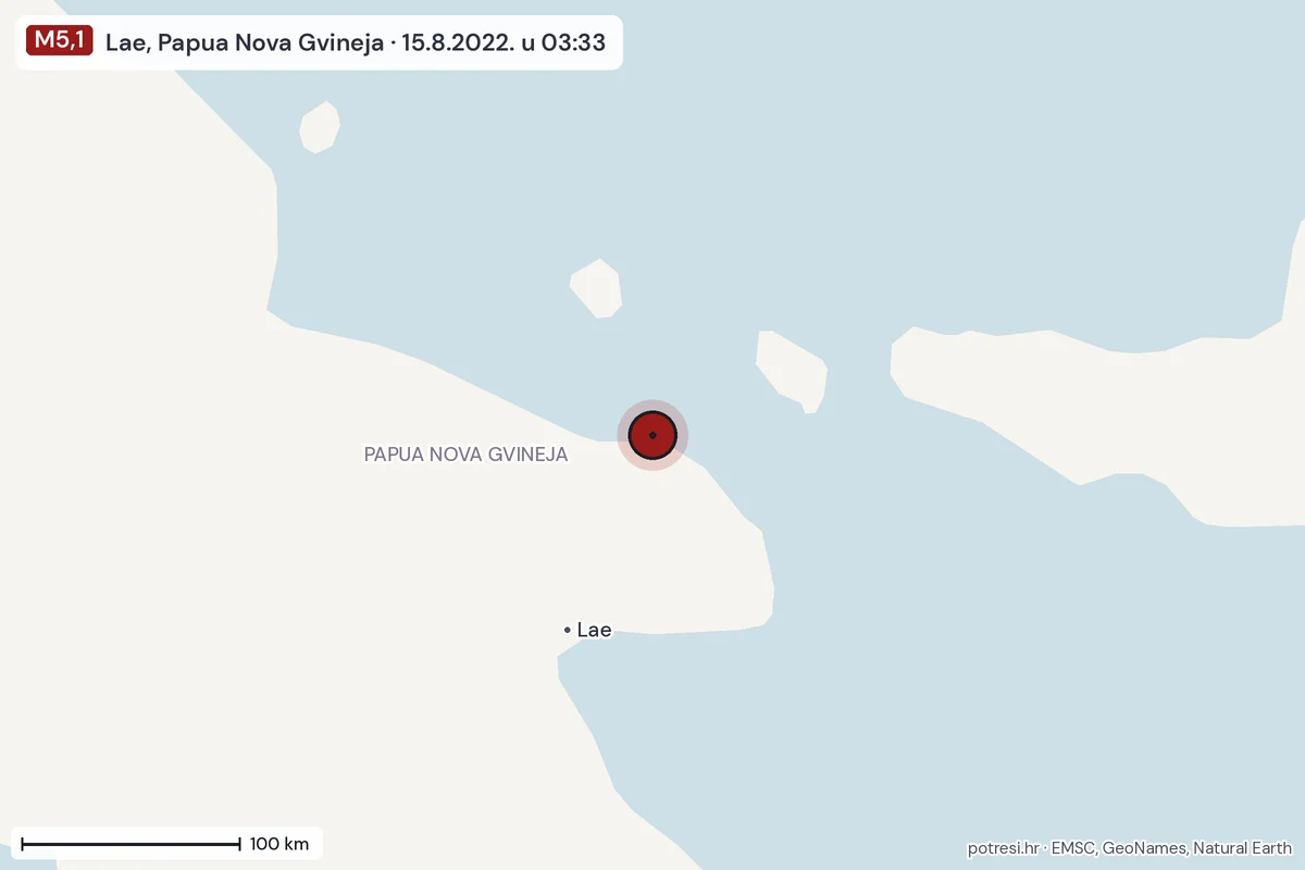 Karta: šire područje, 600 km, potres M5,1, Lae, Papua Nova Gvineja, 15.8.2022.