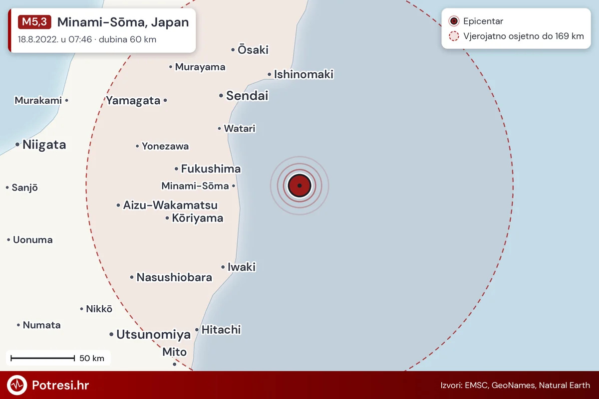 Karta: šire područje i vjerojatni doseg osjeta, potres M5,3, Minami-Sōma, Japan, 18.8.2022.