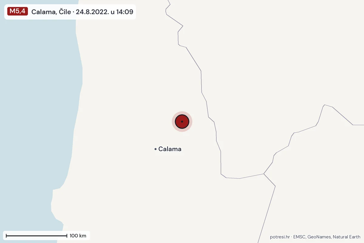 Karta: šire područje, 600 km, potres M5,4, Calama, Čile, 24.8.2022.
