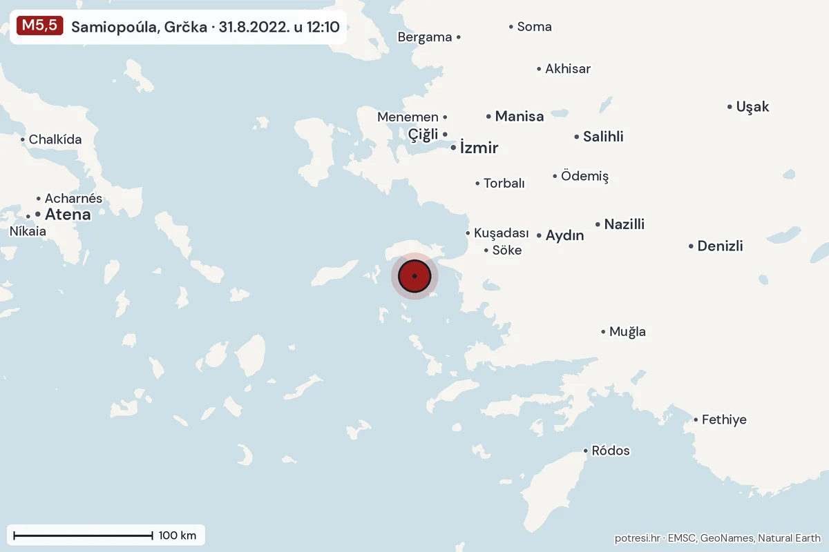Karta: šire područje, 600 km, potres M5,5, Samiopoúla, Grčka, 31.8.2022.