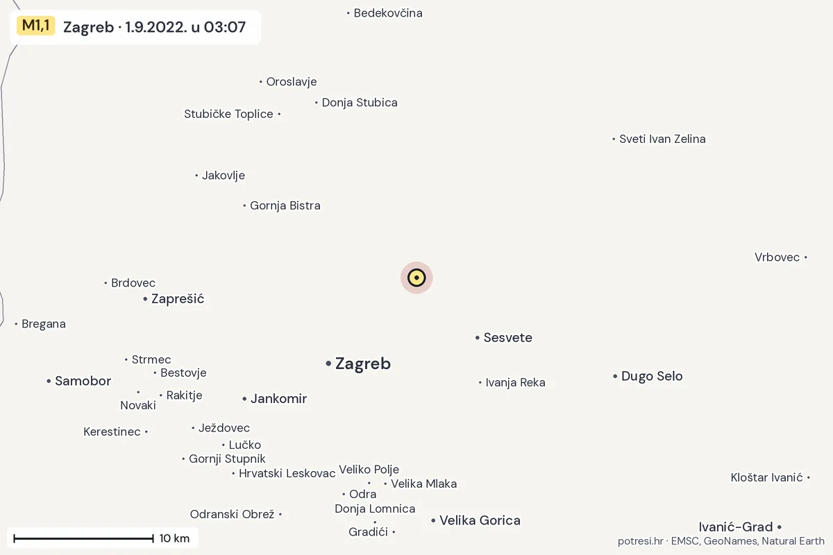 Karta: okolica epicentra, 60 km, potres M1,1, Zagreb, 1.9.2022.