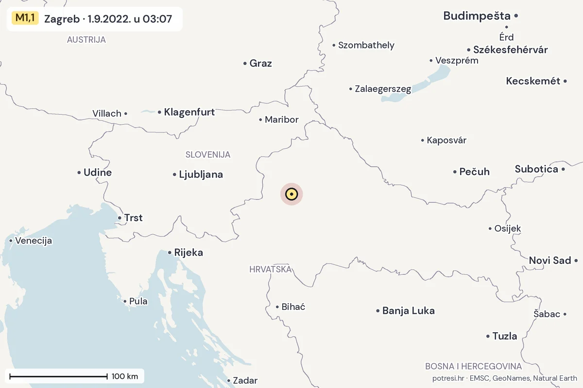 Karta: šire područje, 600 km, potres M1,1, Zagreb, 1.9.2022.