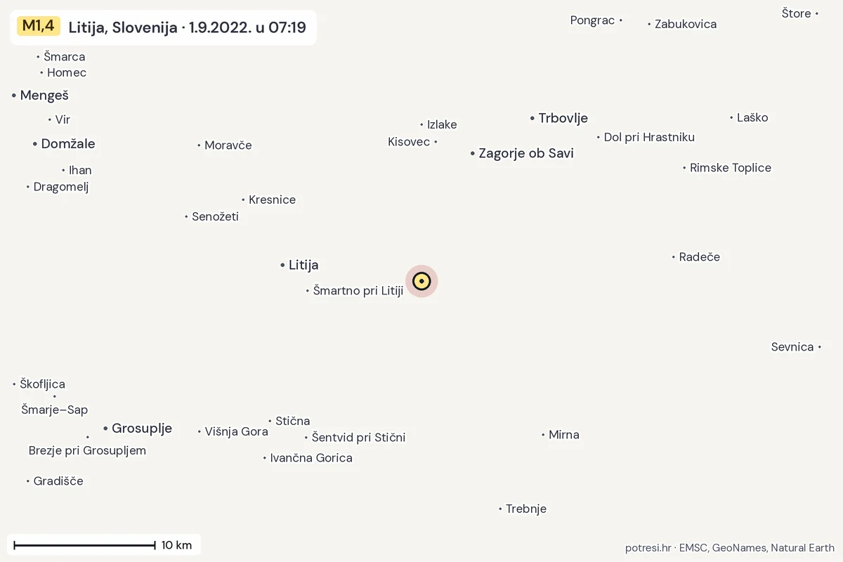 Karta: okolica epicentra, 60 km, potres M1,4, Litija, Slovenija, 1.9.2022.