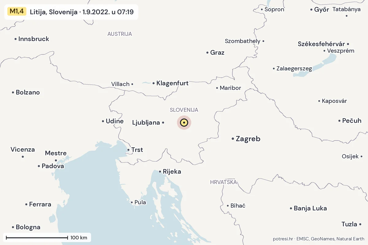 Karta: šire područje, 600 km, potres M1,4, Litija, Slovenija, 1.9.2022.