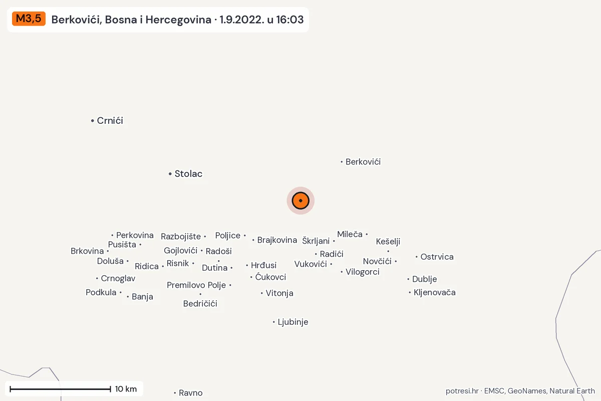 Karta: okolica epicentra, 60 km, potres M3,5, Berkovići, Bosna i Hercegovina, 1.9.2022.