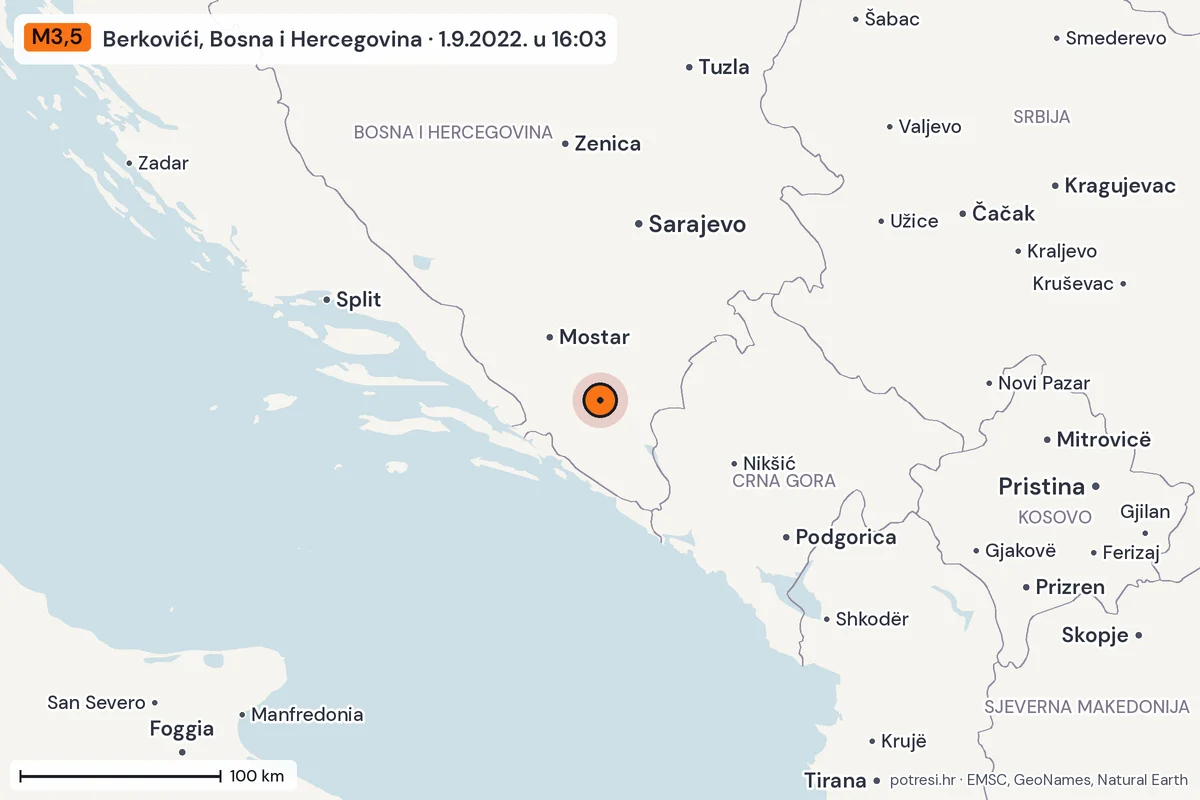 Karta: šire područje, 600 km, potres M3,5, Berkovići, Bosna i Hercegovina, 1.9.2022.