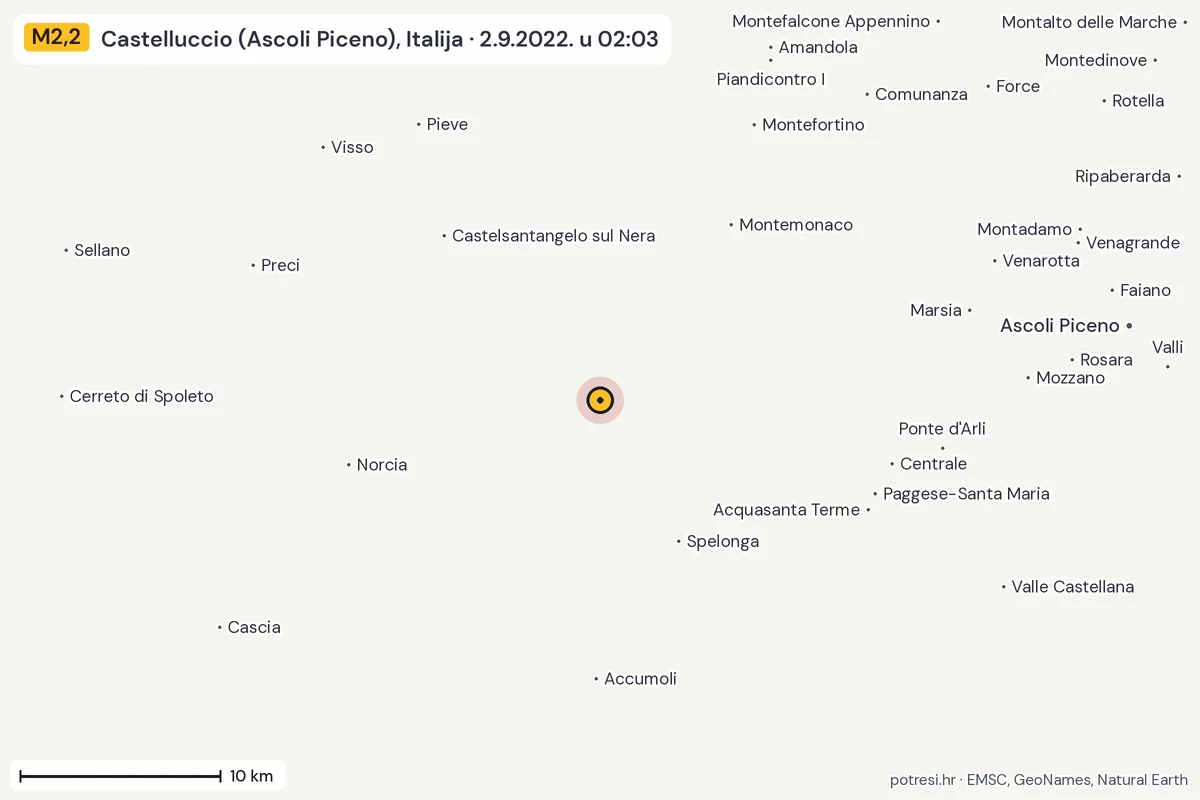 Karta: okolica epicentra, 60 km, potres M2,2, Castelluccio (Ascoli Piceno), Italija, 2.9.2022.