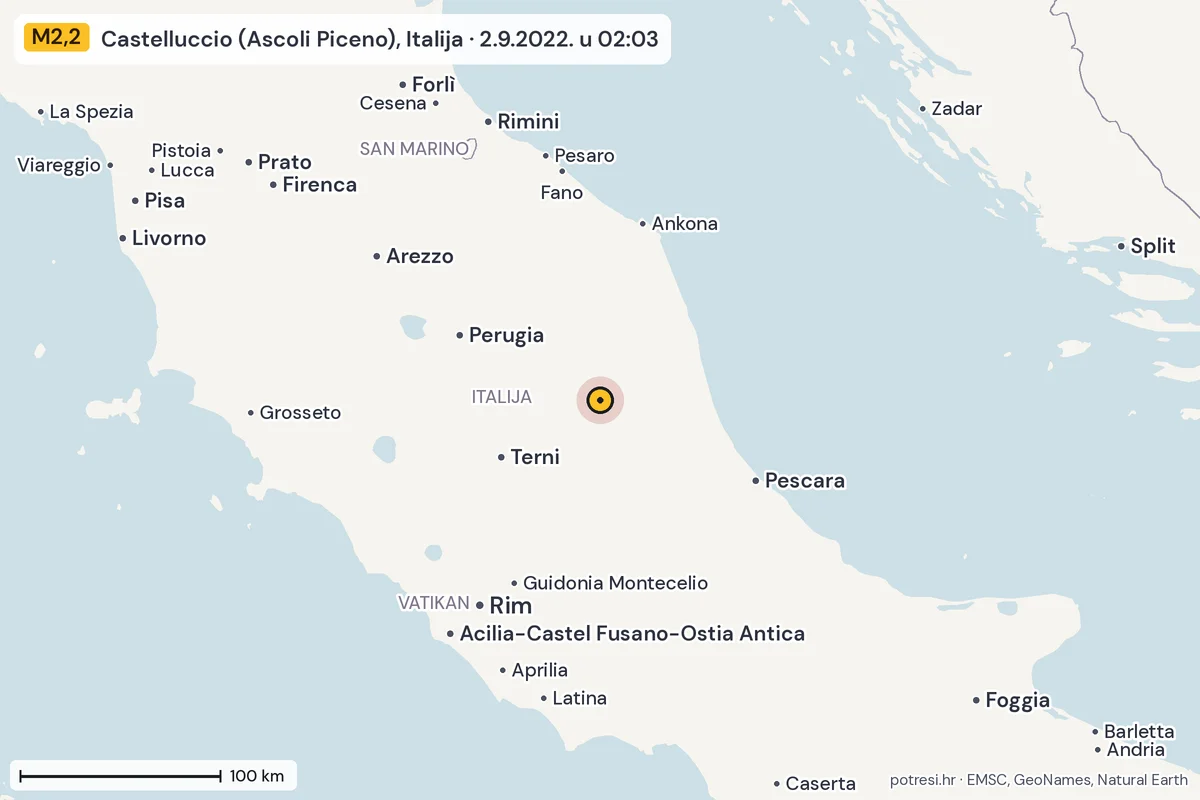 Karta: šire područje, 600 km, potres M2,2, Castelluccio (Ascoli Piceno), Italija, 2.9.2022.
