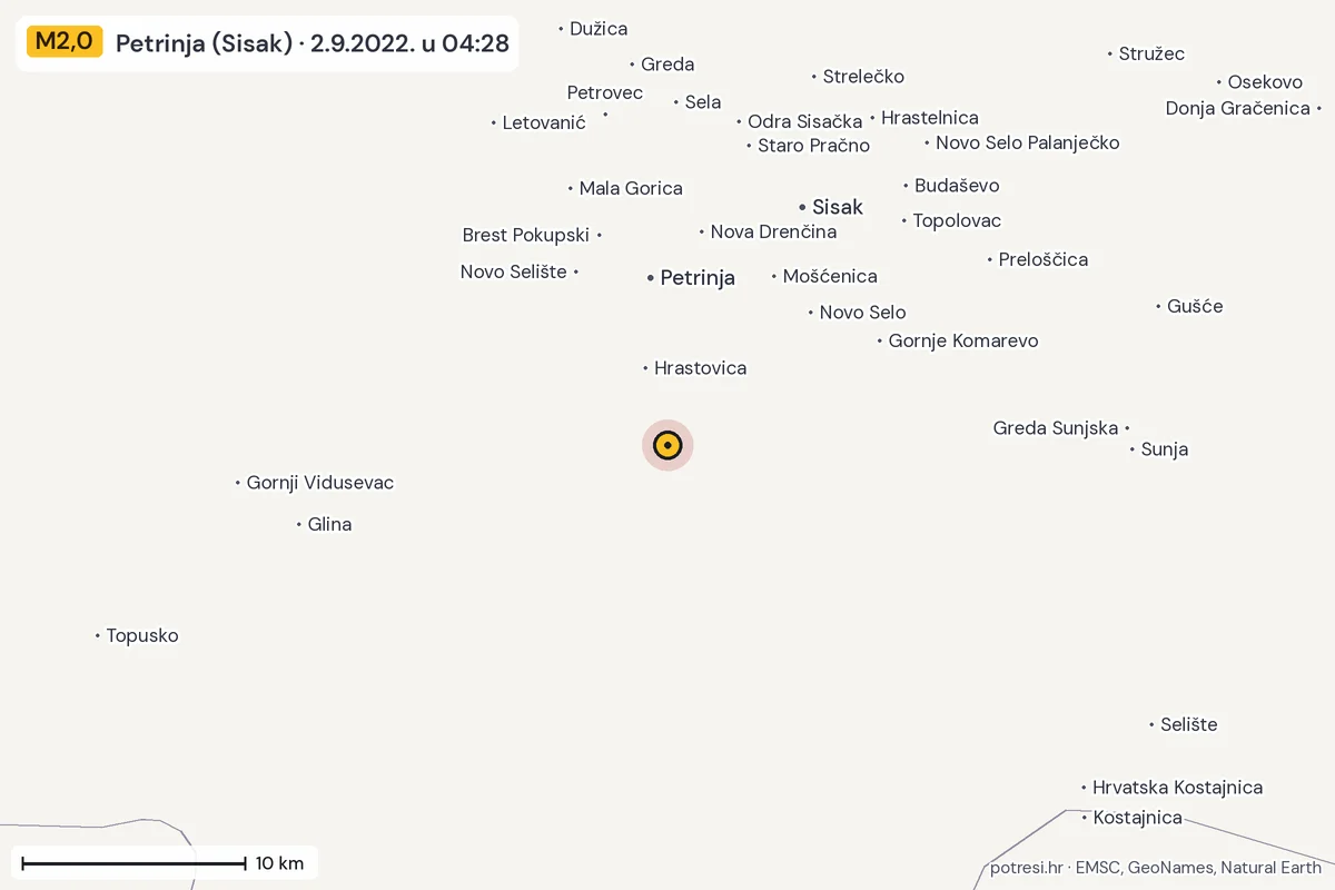 Karta: okolica epicentra, 60 km, potres M2,0, Petrinja (Sisak), 2.9.2022.