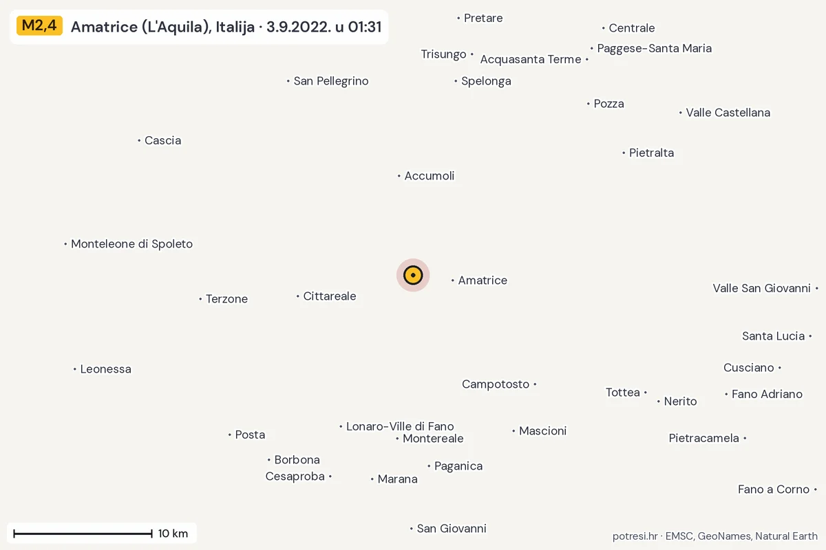 Karta: okolica epicentra, 60 km, potres M2,4, Amatrice (L'Aquila), Italija, 3.9.2022.