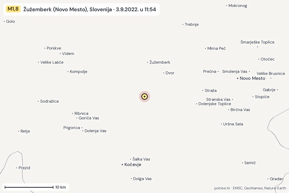 Karta: okolica epicentra, 60 km, potres M1,8, Žužemberk (Novo Mesto), Slovenija, 3.9.2022.
