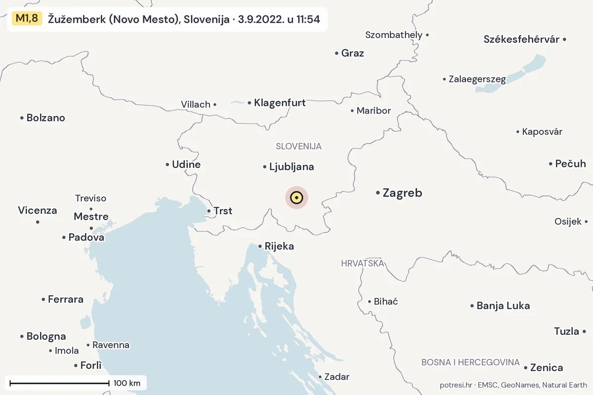 Karta: šire područje, 600 km, potres M1,8, Žužemberk (Novo Mesto), Slovenija, 3.9.2022.