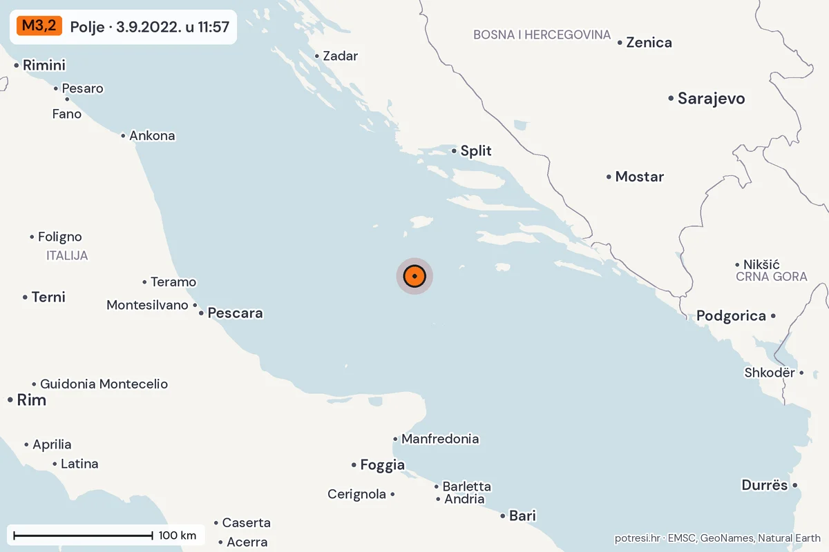 Karta: šire područje, 600 km, potres M3,2, Polje, 3.9.2022.