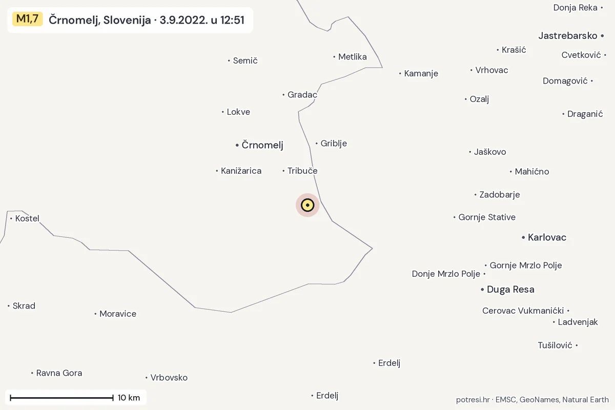 Karta: okolica epicentra, 60 km, potres M1,7, Črnomelj, Slovenija, 3.9.2022.
