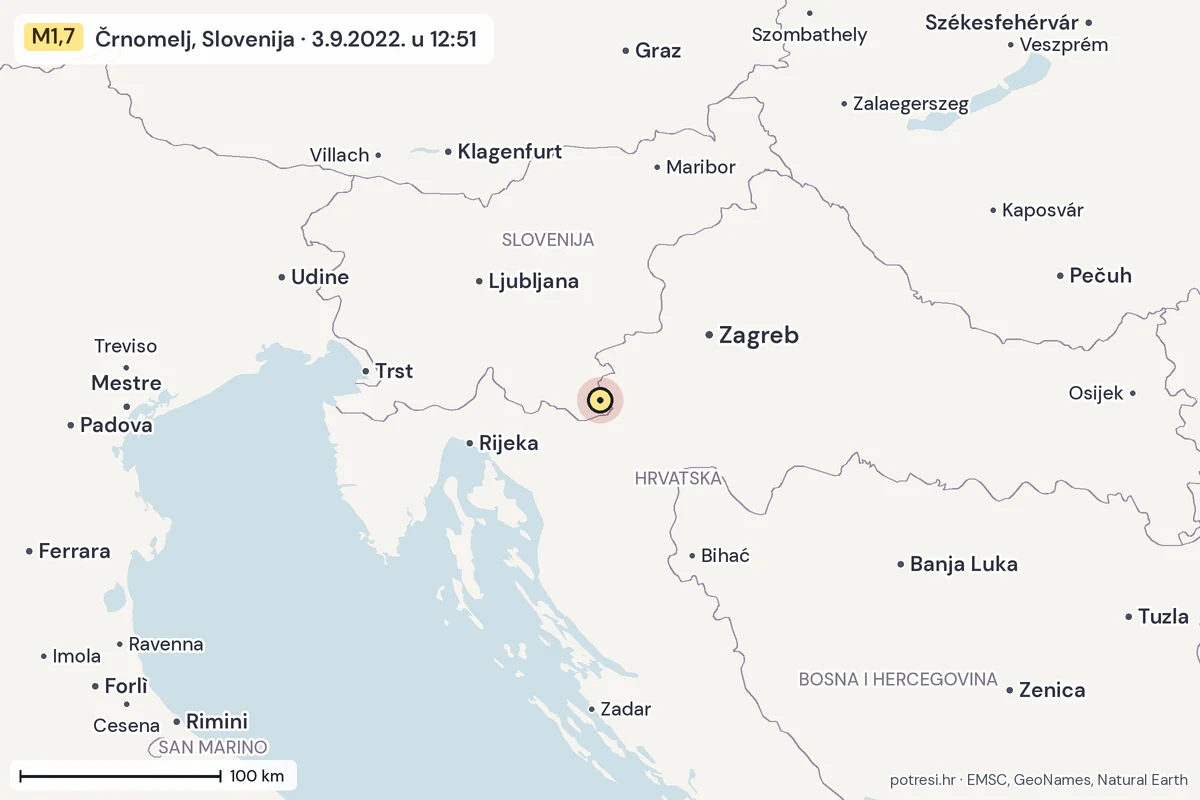 Karta: šire područje, 600 km, potres M1,7, Črnomelj, Slovenija, 3.9.2022.