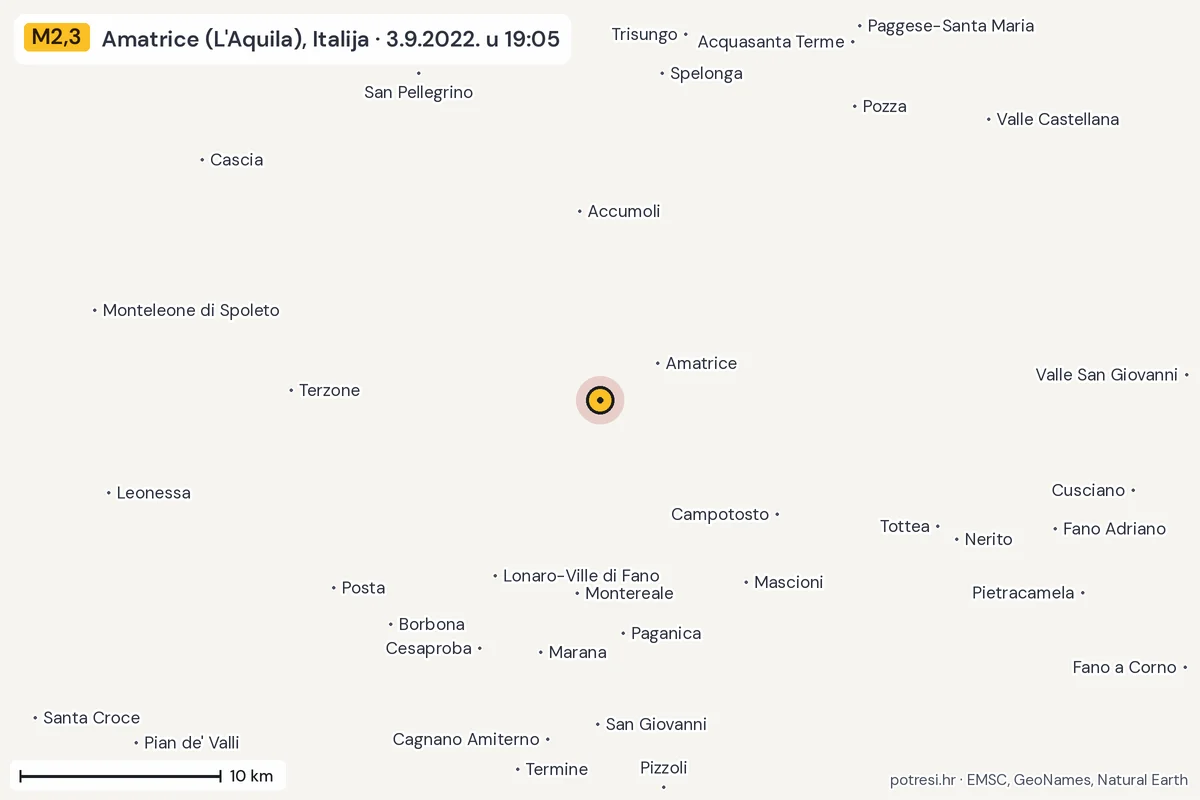 Karta: okolica epicentra, 60 km, potres M2,3, Amatrice (L'Aquila), Italija, 3.9.2022.