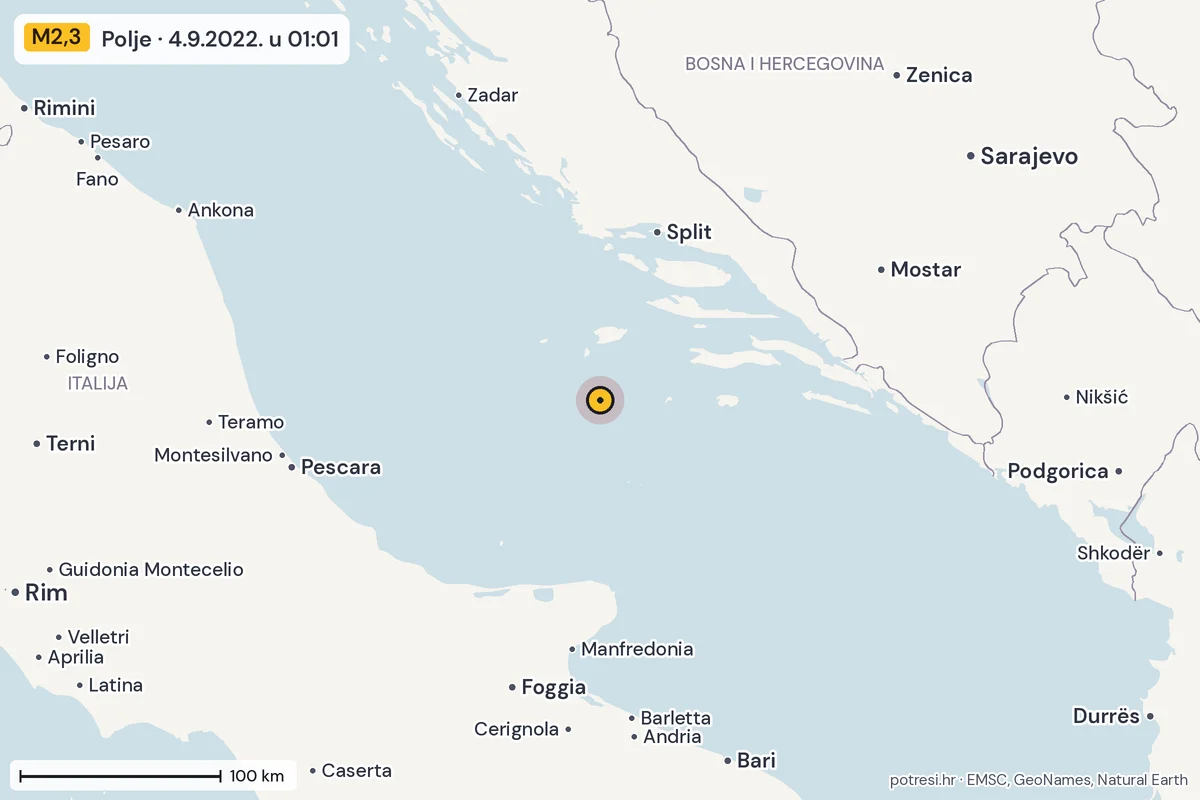 Karta: šire područje, 600 km, potres M2,3, Polje, 4.9.2022.