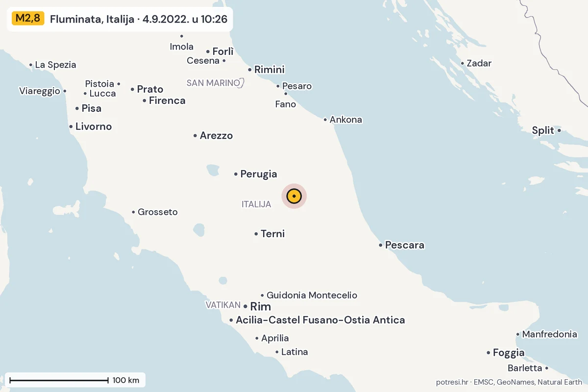 Karta: šire područje, 600 km, potres M2,8, Fluminata, Italija, 4.9.2022.