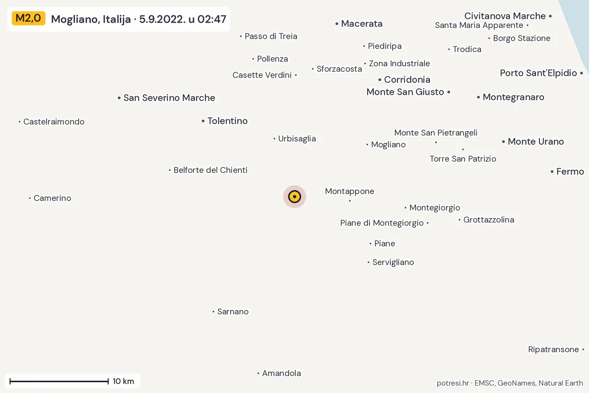 Karta: okolica epicentra, 60 km, potres M2,0, Mogliano, Italija, 5.9.2022.
