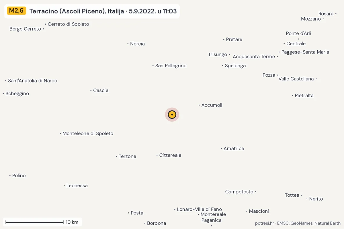 Karta: okolica epicentra, 60 km, potres M2,6, Terracino (Ascoli Piceno), Italija, 5.9.2022.