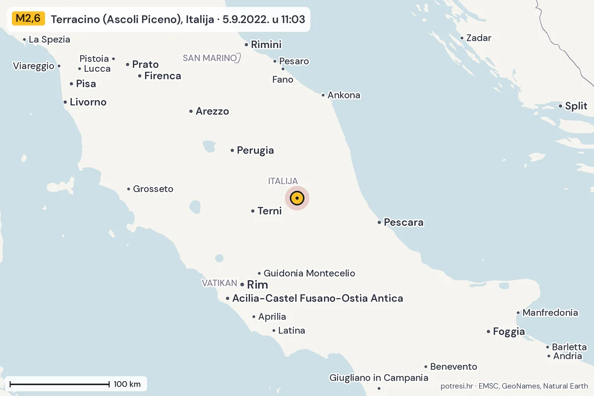 Karta: šire područje, 600 km, potres M2,6, Terracino (Ascoli Piceno), Italija, 5.9.2022.